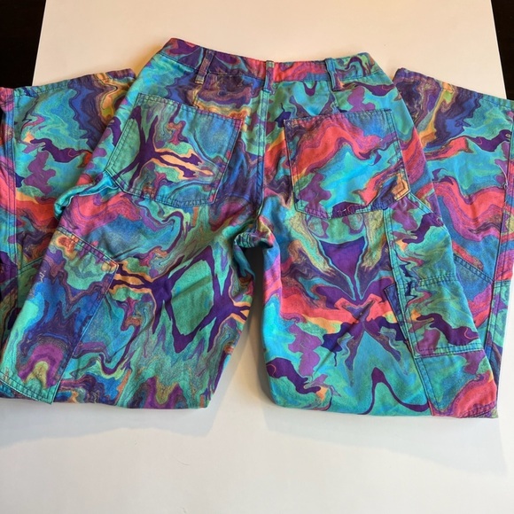 Blue Marble Swirl Trippy Utility Cargo Straight-Leg Pants Bottoms Jeans Sz S Y2K - Picture 7 of 8